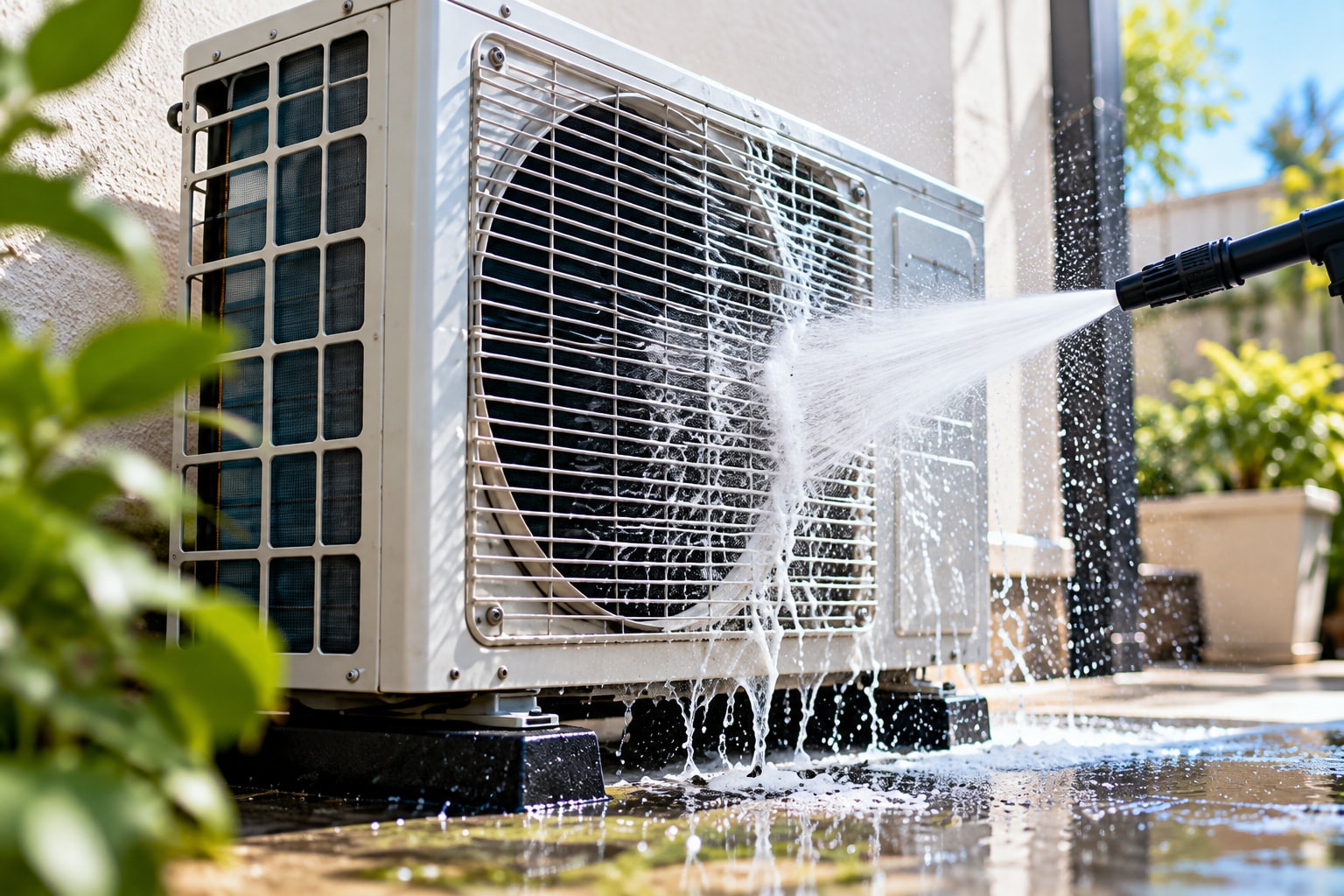 Outdoor aircon unit being rinsed with a water spray